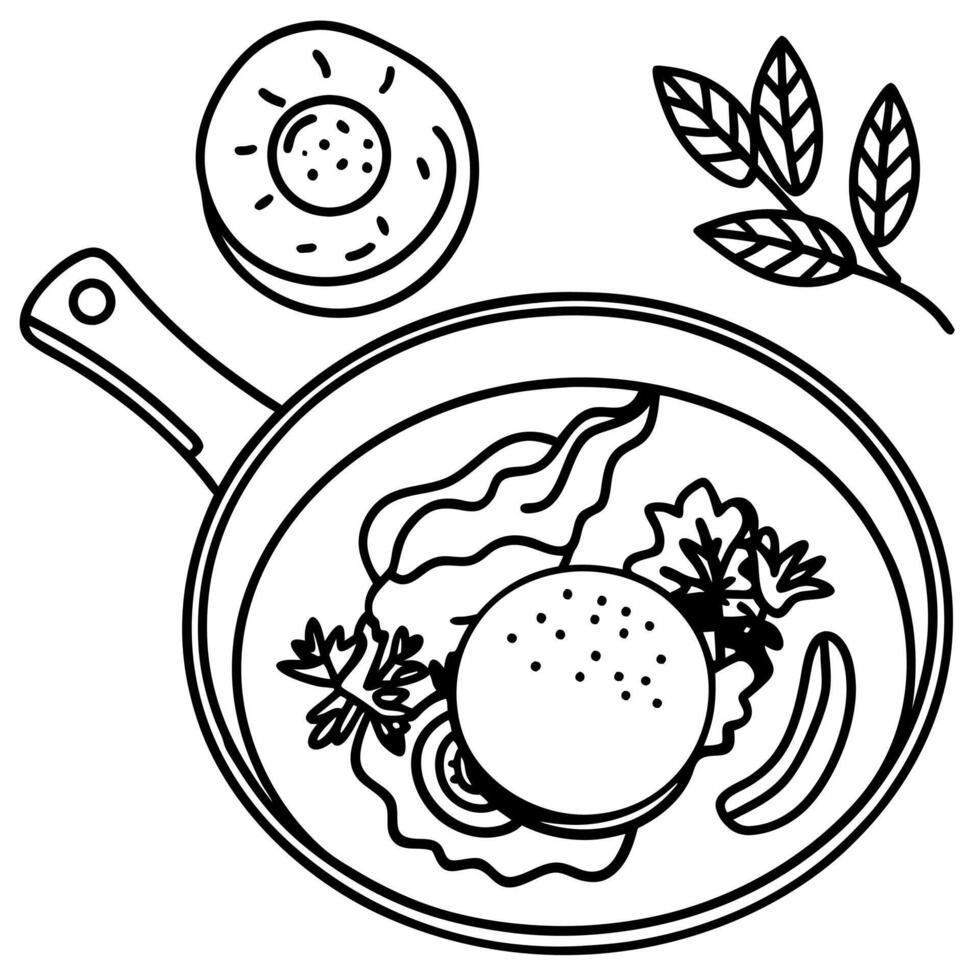 Fried egg with bacon and herbs in a frying pan on a white background with tomatoes and spicy close-u vector