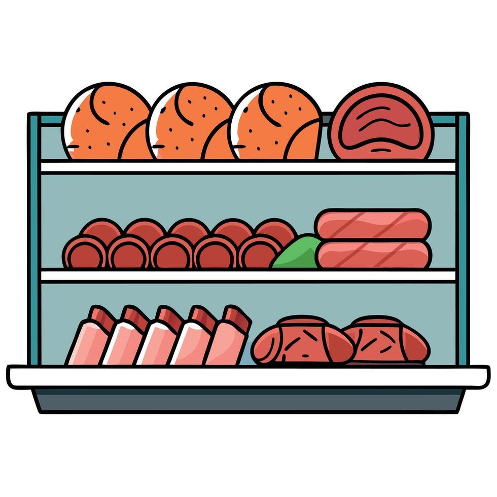 Close up of a supermarket shelf with meat. Fully loaded shelves with meat in a large supermarket.eat vector