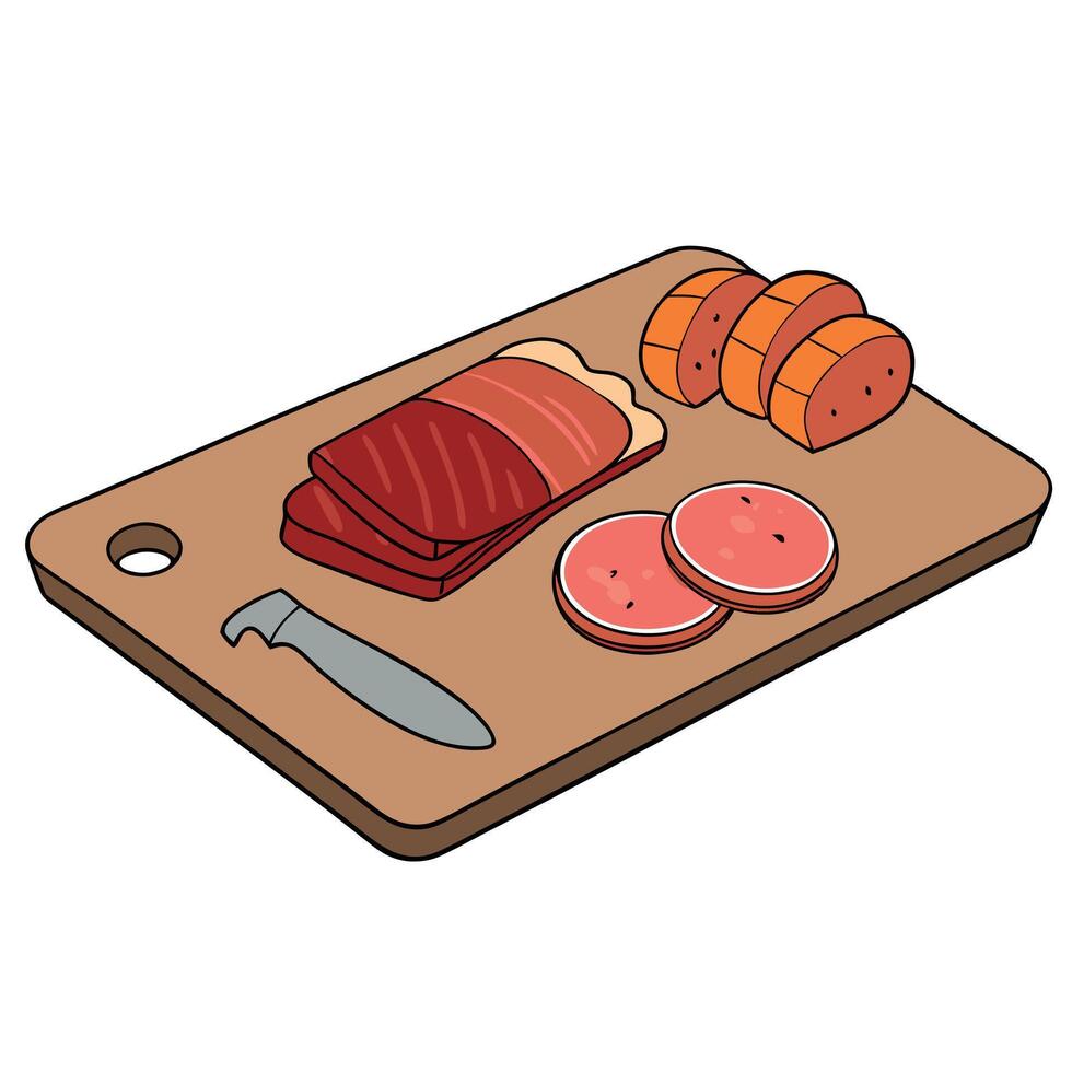 Flat lay of various sliced meat products on a cutting board. displayed on a table with room for text vector