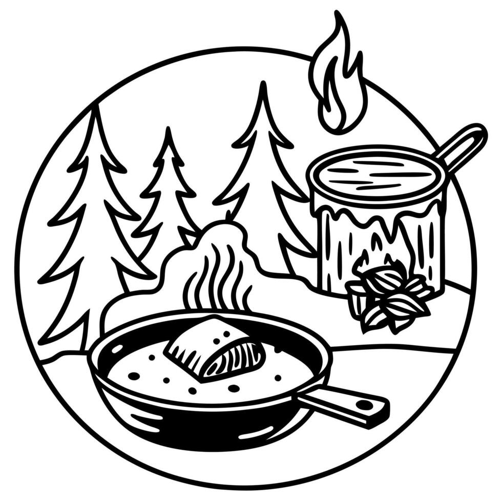 Camping breakfast with bacon and pancakes in a cast iron skillet. Fried pancakes with bacon in a pan vector