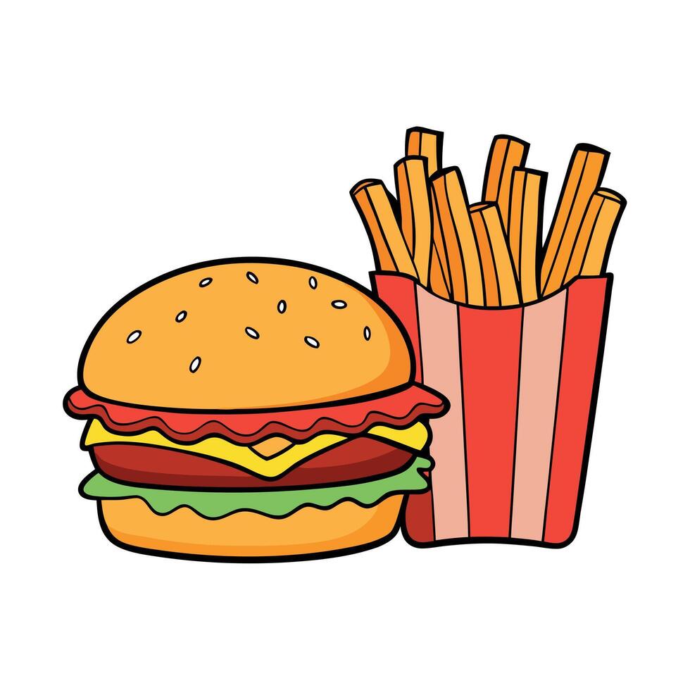 A delicious cheeseburger with bacon and a side of fries. The burger is made with a juicy beef patty. vector