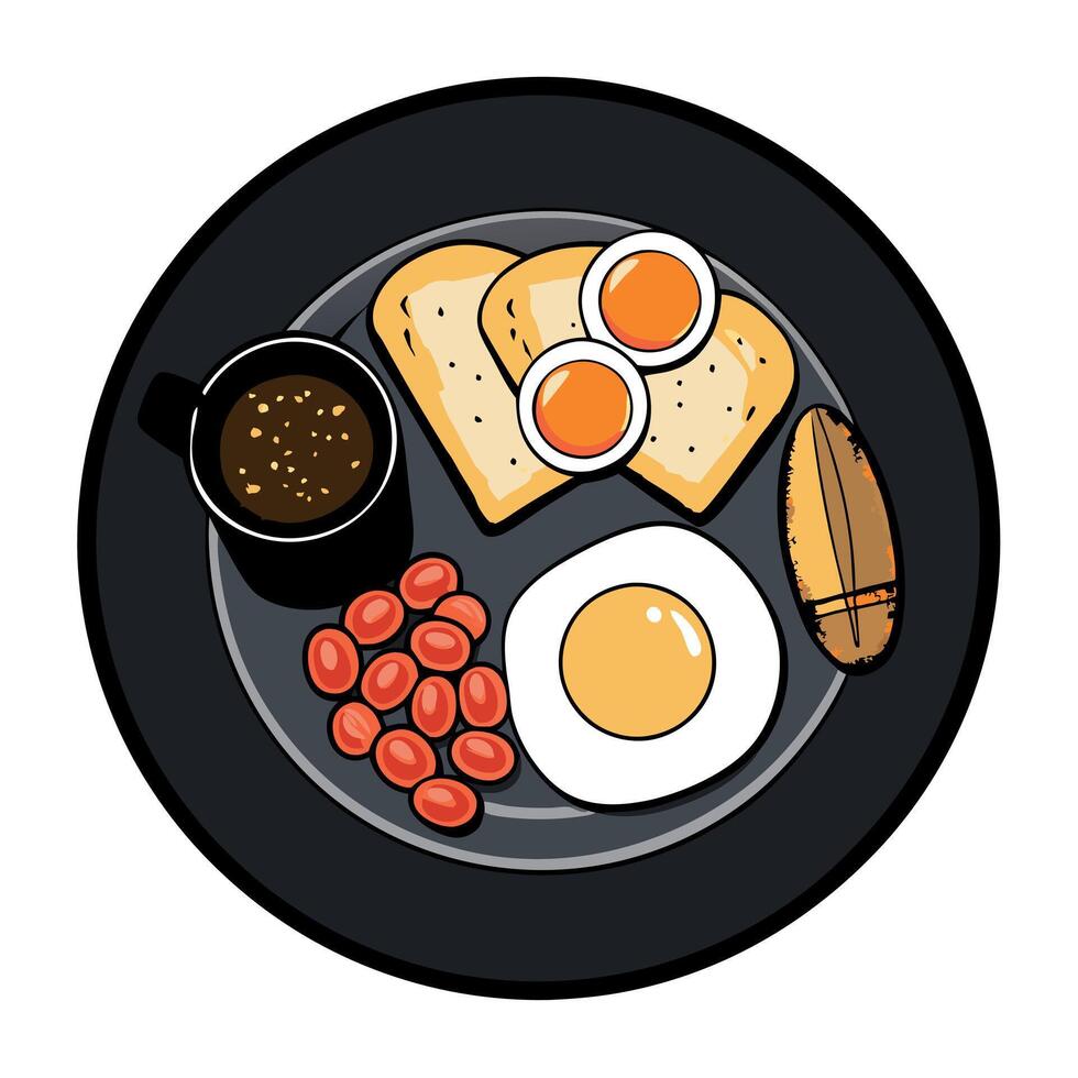 Full English breakfast on a plate with fried eggs. sausages. bacon. beans. toasts and coffee on dark vector