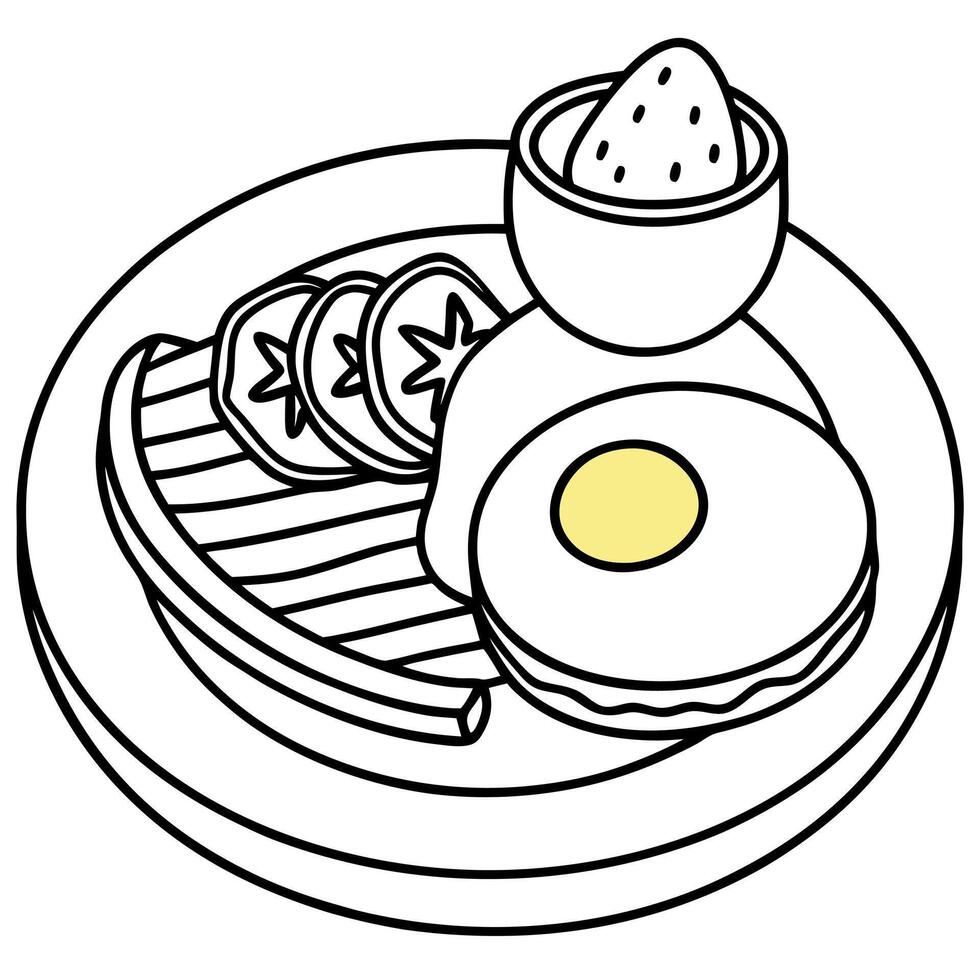A delicious breakfast spread featuring pancakes. a sunny-side-up egg. crispy bacon. sliced avocado. vector
