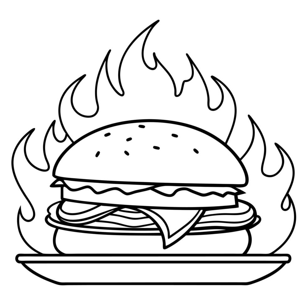 Burger in fire on a wooden table vector