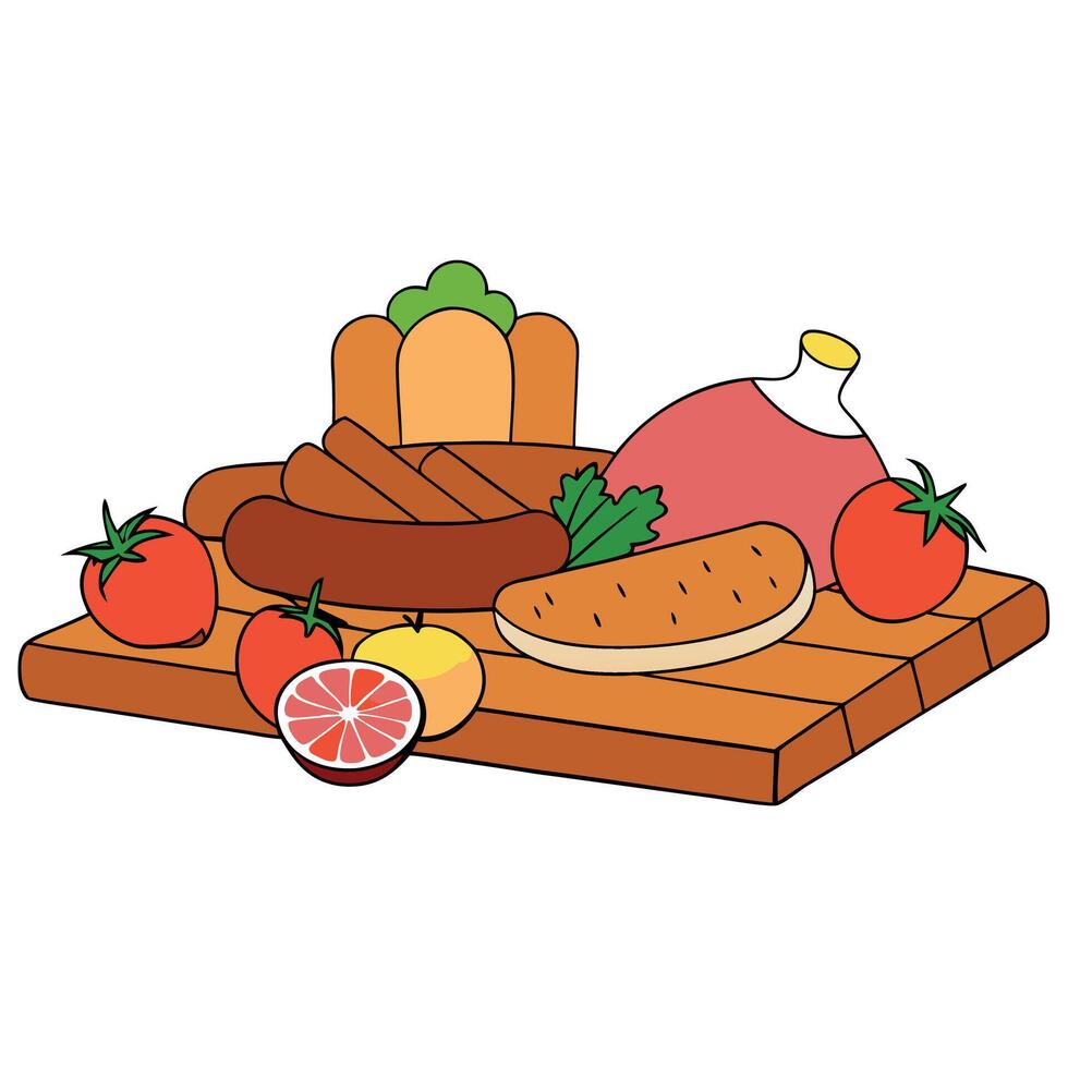 A variety of meats and vegetables are displayed on a wooden table. The meats include bacon. sausage. vector