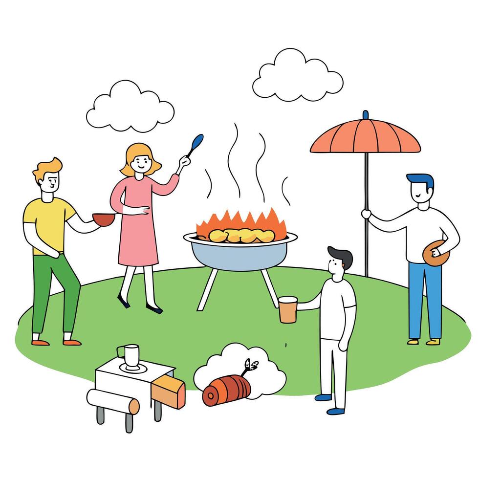 Barbecue party with people in the background. grilled ribs. bacon and pork meat. grilled meat. fire. vector