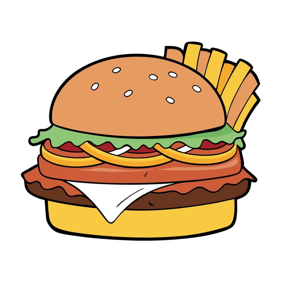 Close-up of a juicy burger with beef patty. egg and bacon served in a restaurant with fries. America vector