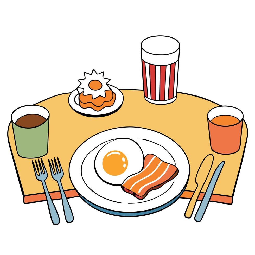 Breakfast table with fried eggs. crispy bacon. toast. coffee. and orange juice. arranged with cutler vector