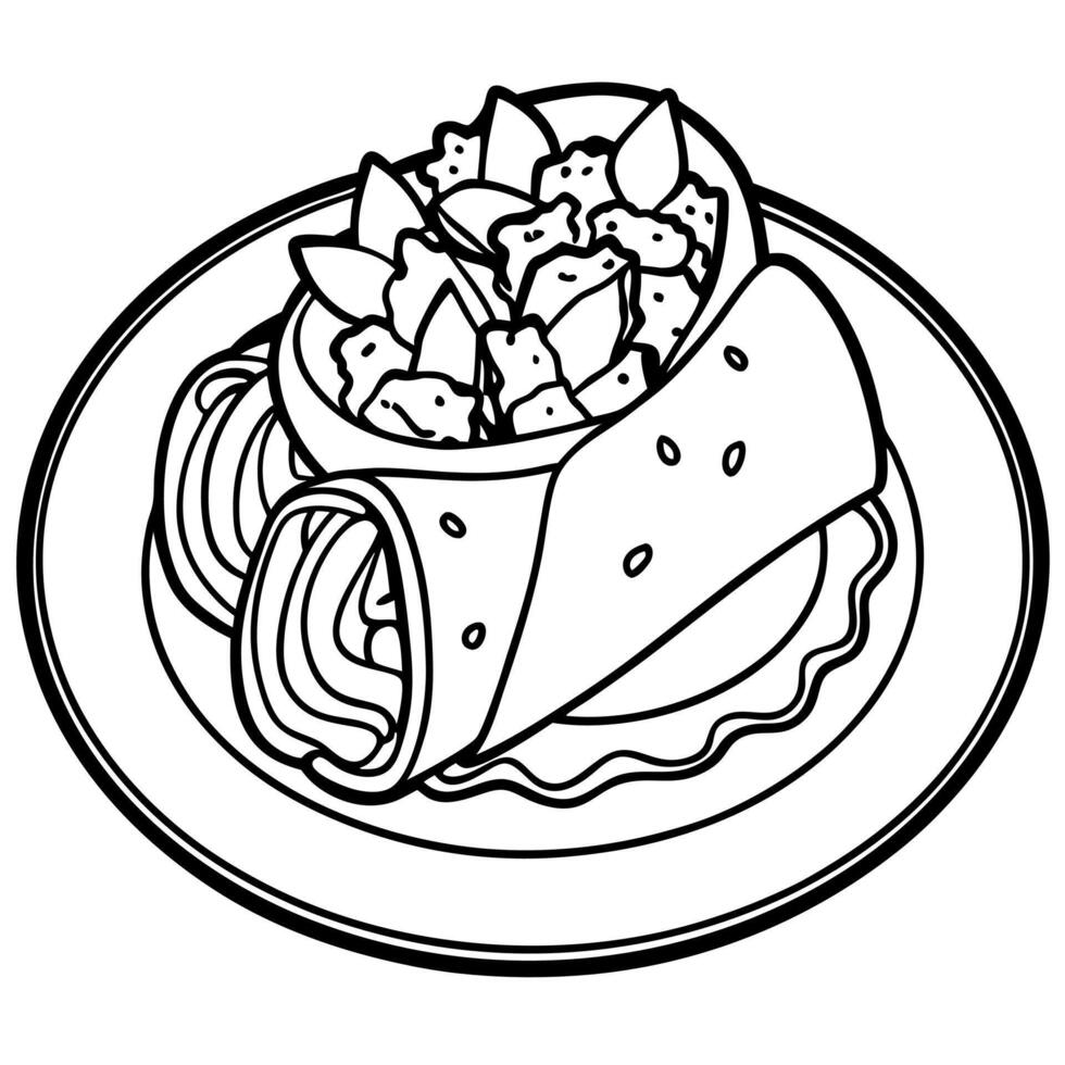 Delicious Breakfast Burritos with Scrambled Eggs. Bacon. and Fresh Vegetables on a Plate. Garnished vector