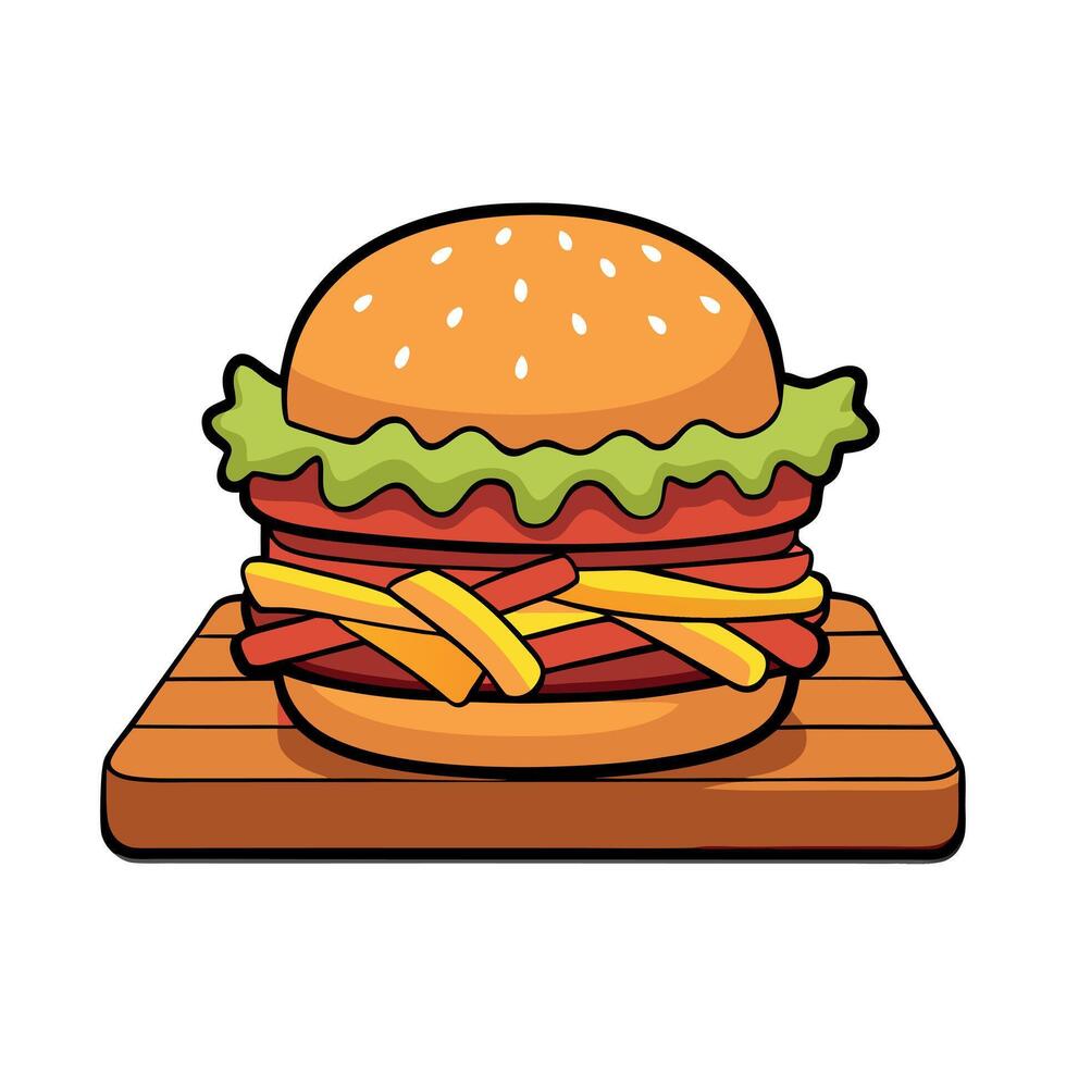 Flavorful beef burger with a juicy patty. crispy bacon. fresh vegetables. and melted cheese. served vector