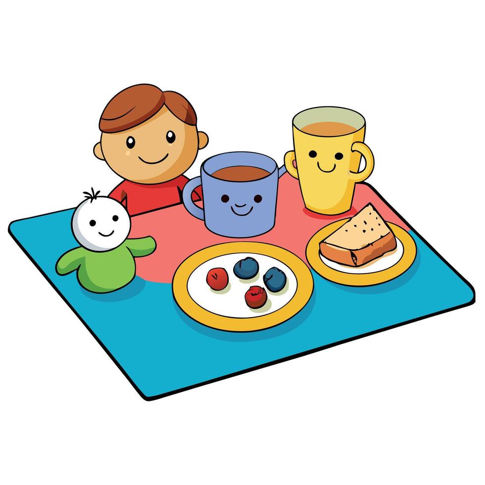 Closeup photo of a nutritious breakfast arranged on a brightly colored melamine board with children' vector