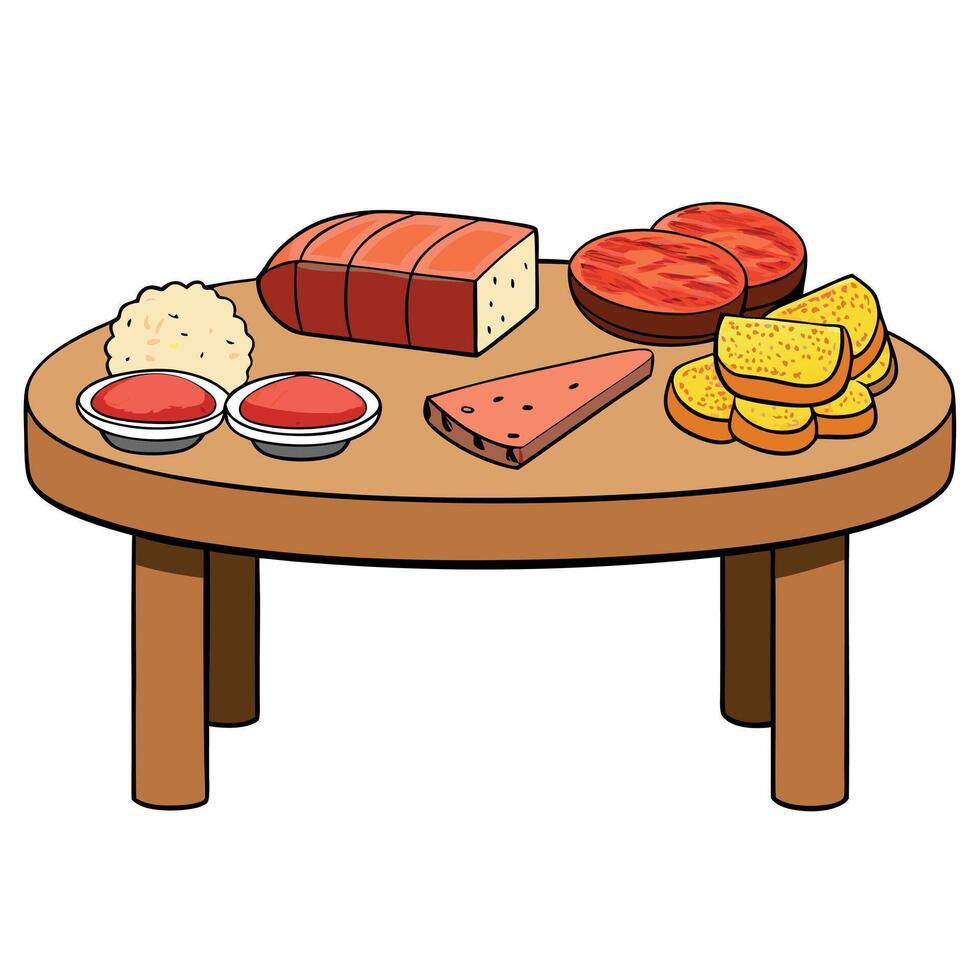A variety of meats and cheeses are displayed on a wooden table. The meats include salami. pepperoni. vector