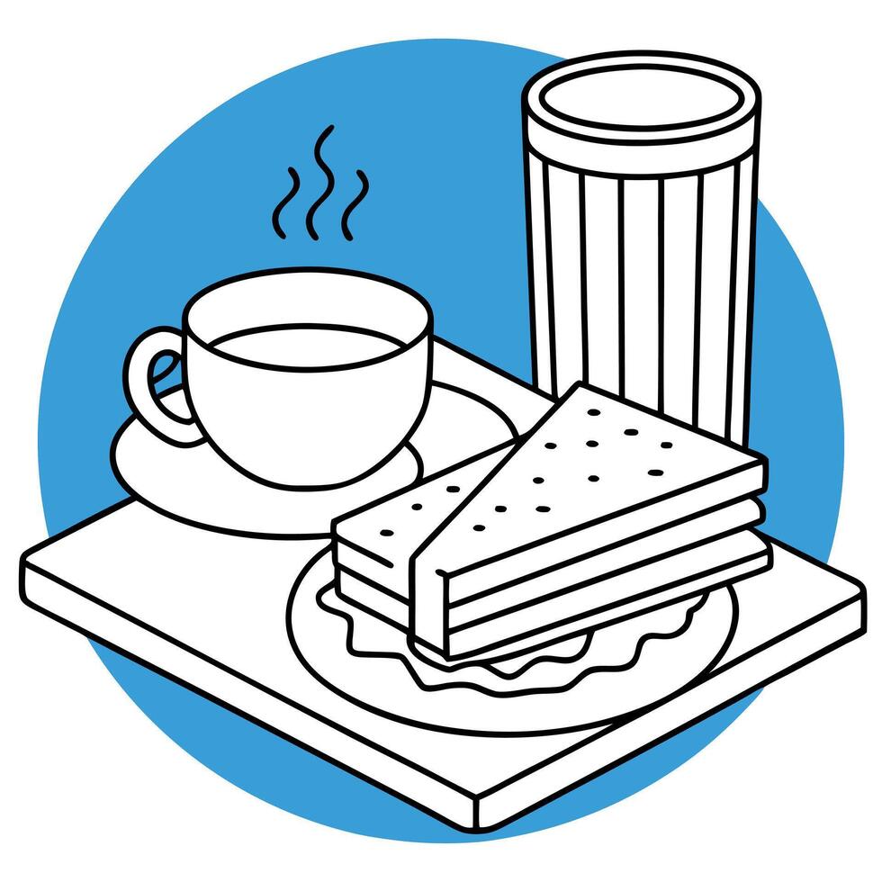 Composition of a cup of tea with a sandwich with bacon on a blue background. aesthetics background. vector