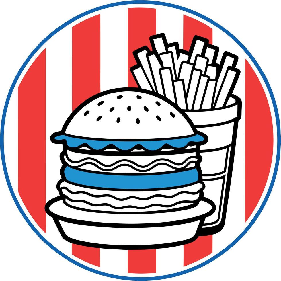 American burger. juicy and loaded with toppings. served with crispy fries on a diner table close up. vector
