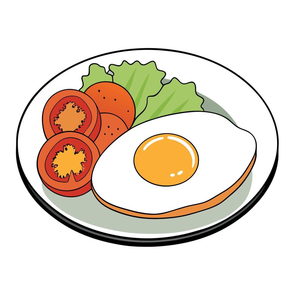 Delicious breakfast with sunny-side-up egg. crispy bacon. fresh vegetables. and ripe tomatoes served vector