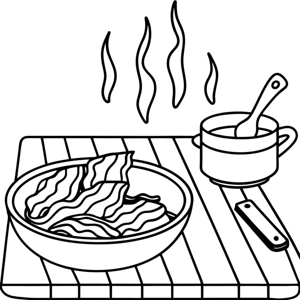 A pan with sizzling bacon strips on a wooden table. accompanied by a white napkin and bowl. capturin vector
