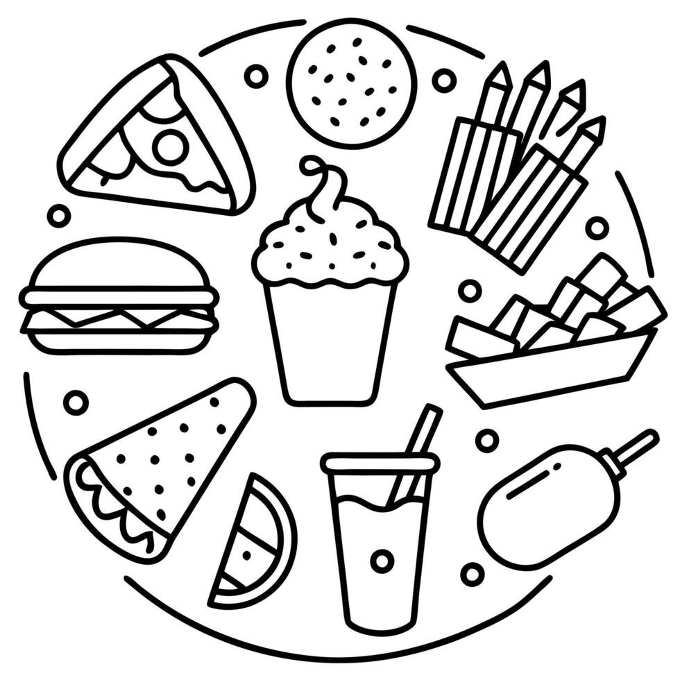 An assortment of quick and unhealthy meals. including chicken. fries. pizza. sandwiches. bacon. beef vector