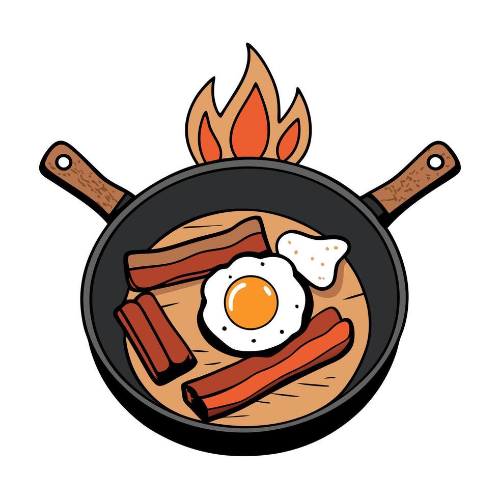 Campfire Breakfast Fried Eggs and Bacon in a Cast Iron Skillet. Rustic Wooden Table. Delicious. Food vector