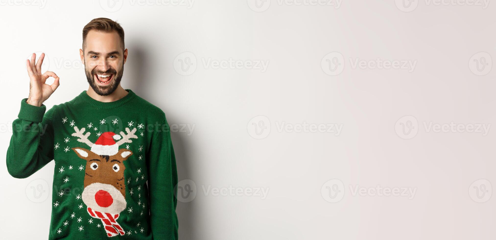 Winter holidays and christmas. Satisfied bearded man in green sweater, showing OK sign in approval, like something good, standing over white background photo