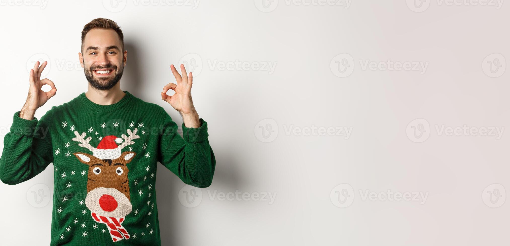 Christmas, holidays and celebration. Satisfied smiling man in green sweater showing OK signs and nodding in approval, recommending product, standing over white background photo