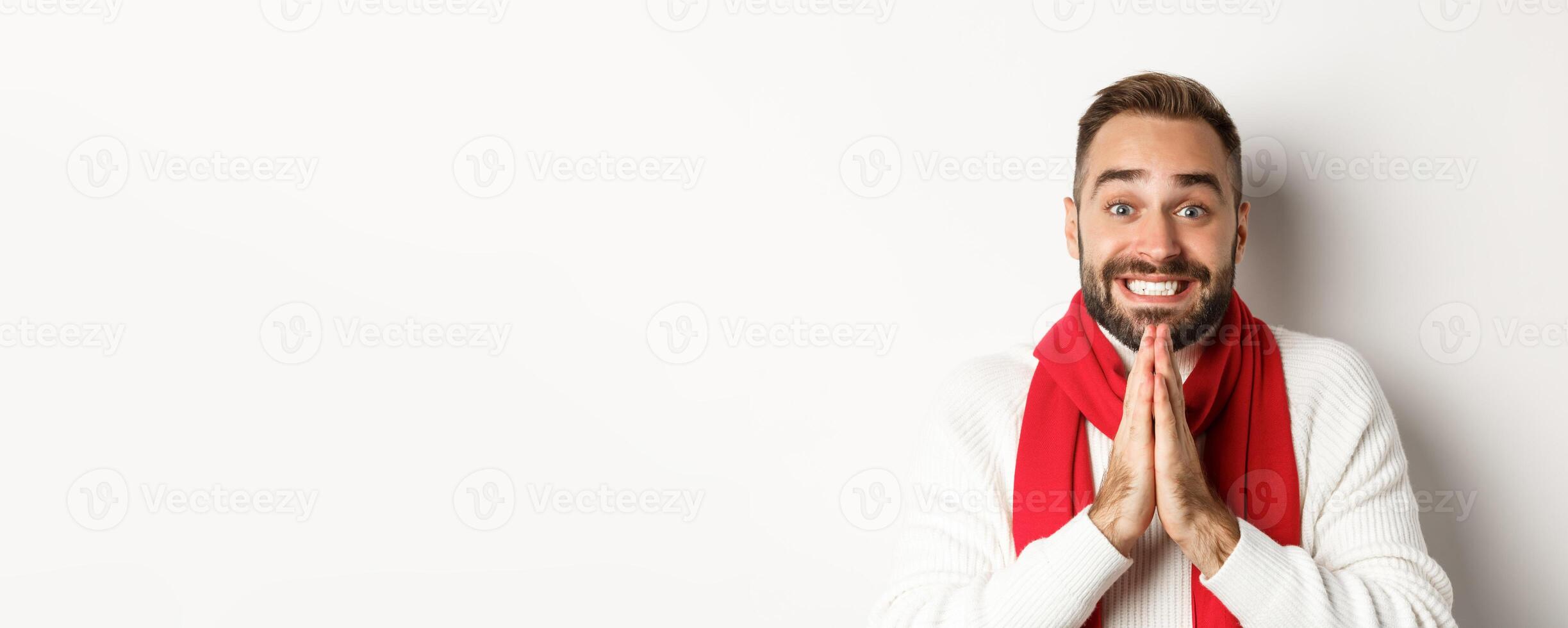 Christmas holidays. Close-up of beared man asking for favour, holding hands in pray and smiling, begging with cute smile, white background photo