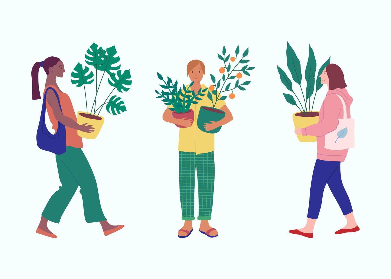 Cartoon Color Characters Woman Holding Plants Concept. vector