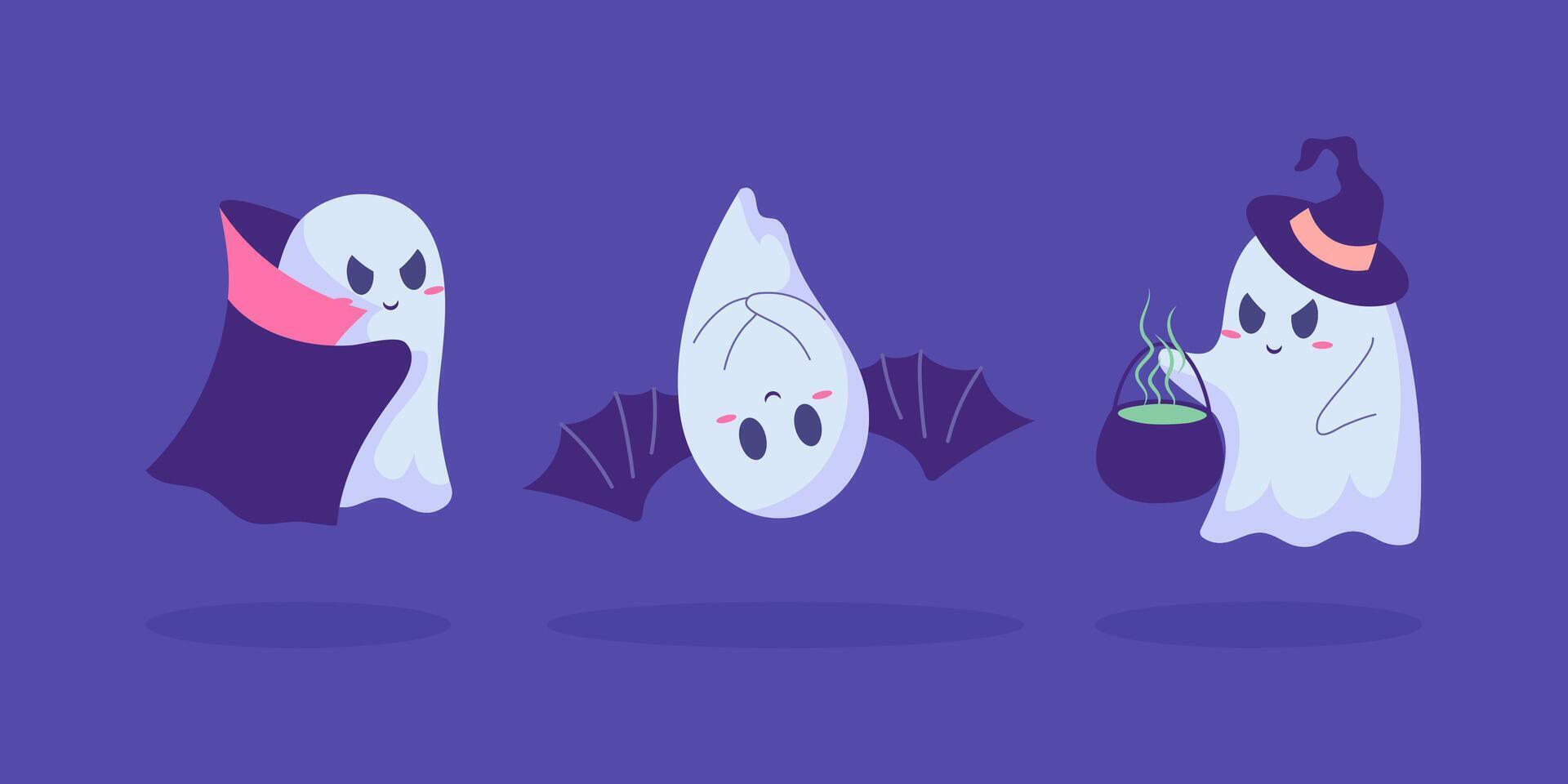 Cartoon Color Characters Ghosts Flying Phantoms with Cauldron Magical Potion Set vector