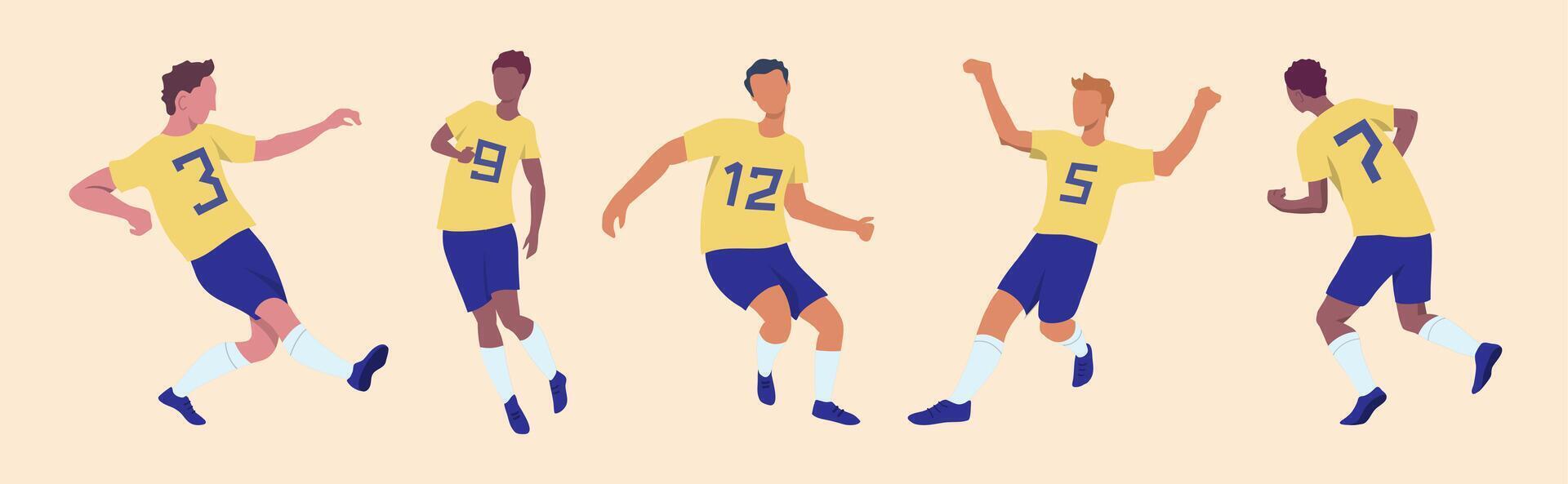 Cartoon Soccer Teams Players Characters Set in Yellow Uniforms. vector