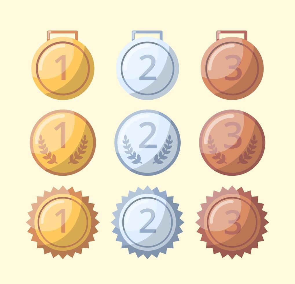 Cartoon Color Different Type Awards Medals without Ribbon Set. vector