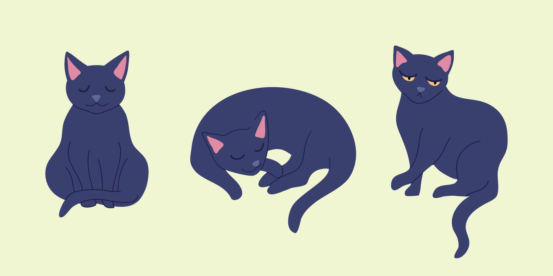 Cartoon Color Cat Different Poses Set. vector