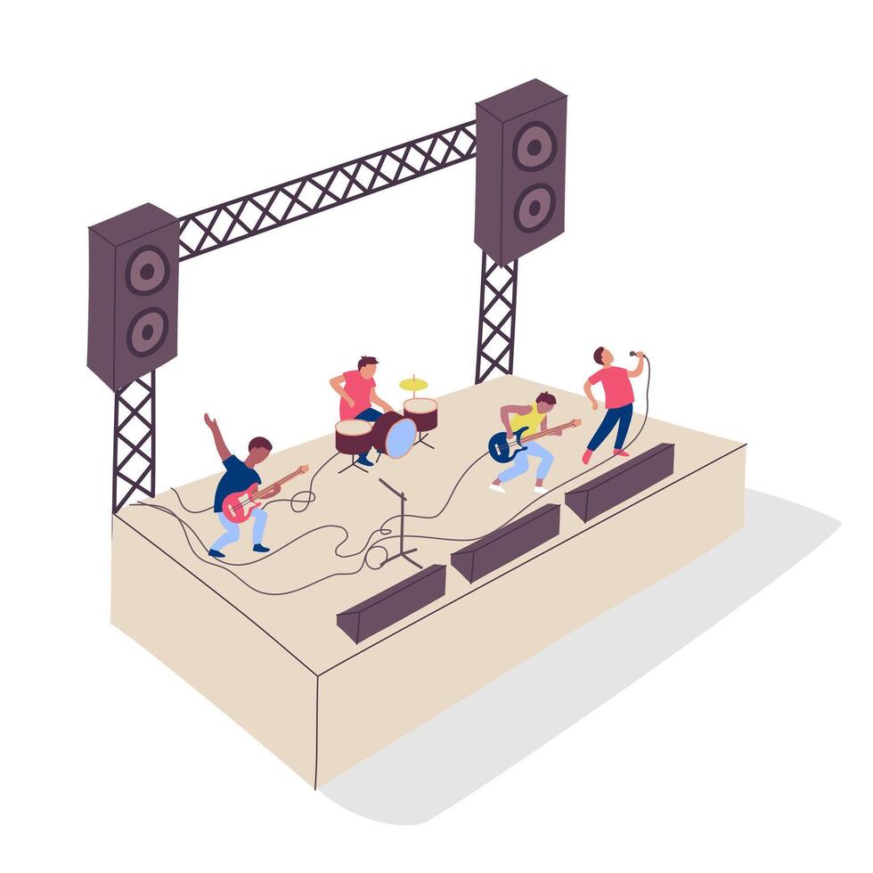 Cartoon Color Popular Band on Stage 3d Isometric View. vector