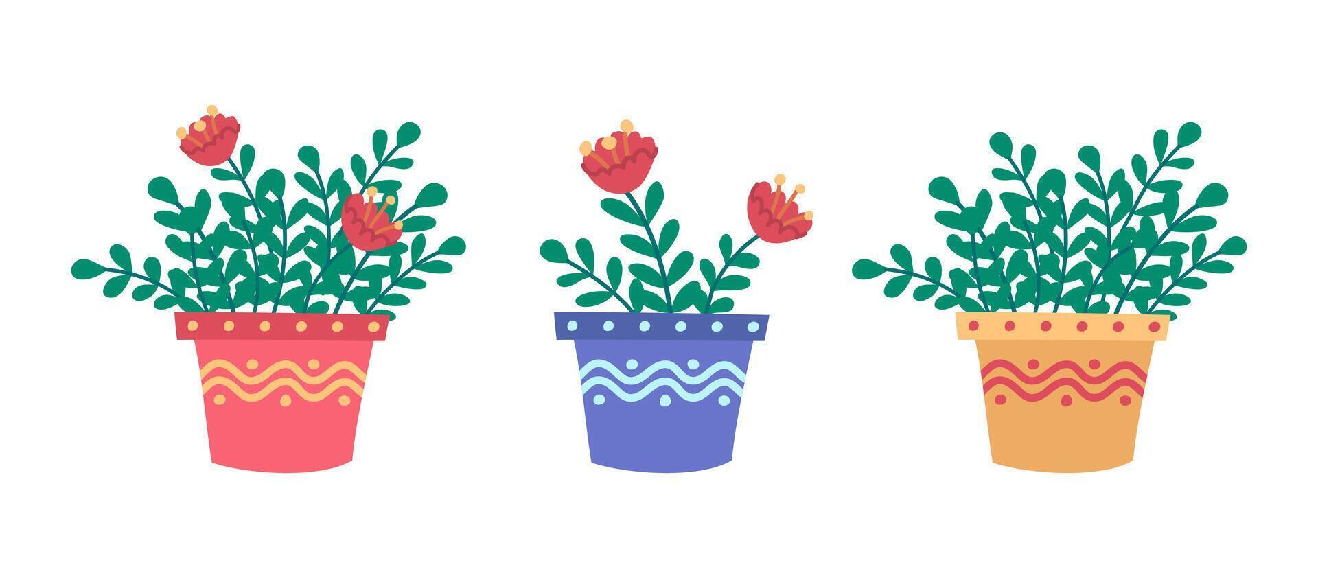 Cartoon Color Flowering Plant Pots Set. vector