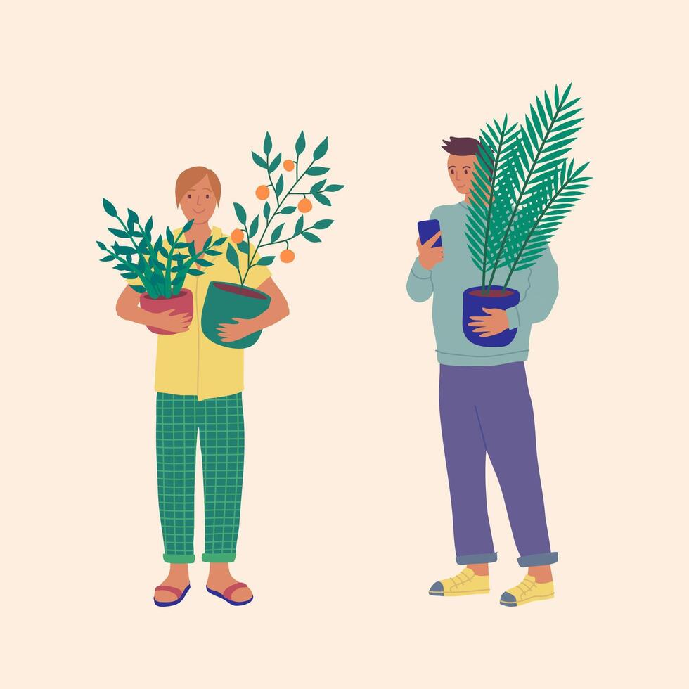 Cartoon Color Characters Man and Woman Holding Plants Concept vector