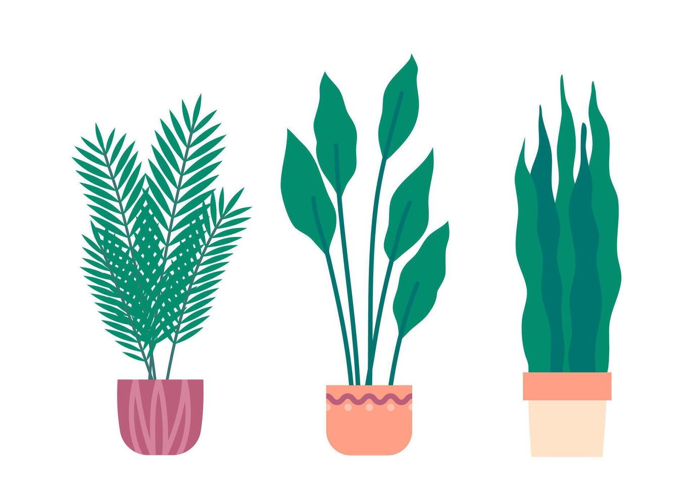 Cartoon Color Home Plant with Green Leaves in Pot Set. vector