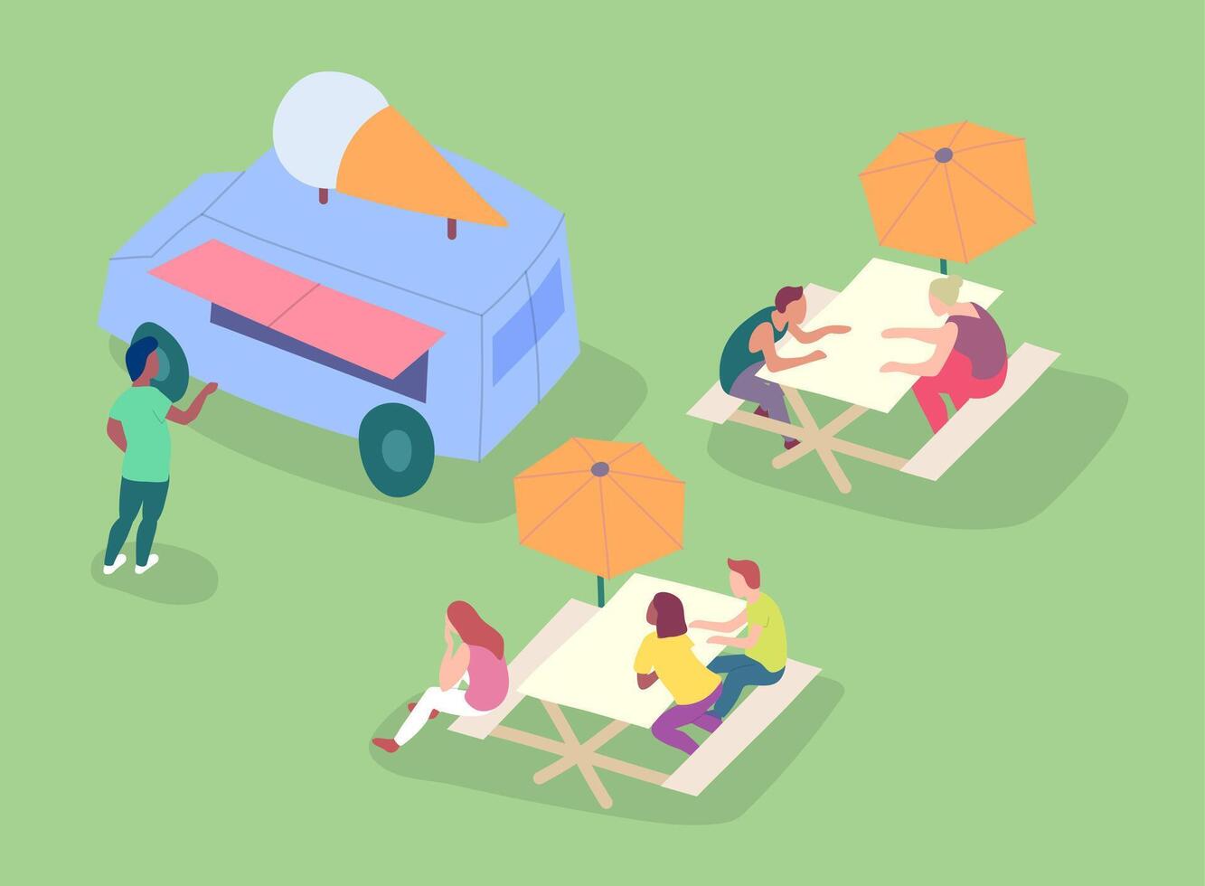 Cartoon Color Characters People at Table Picnic and Ice Cream Street Food Caravan Trailer Concept. vector