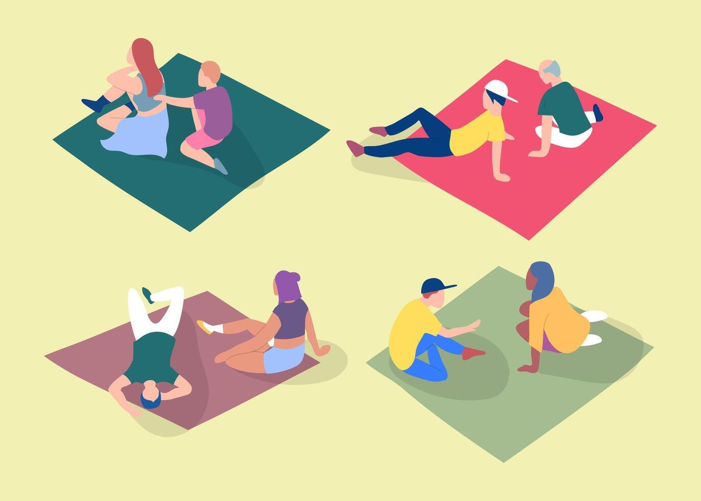 Cartoon Color Characters People on a Plaid Picnic Concept. vector