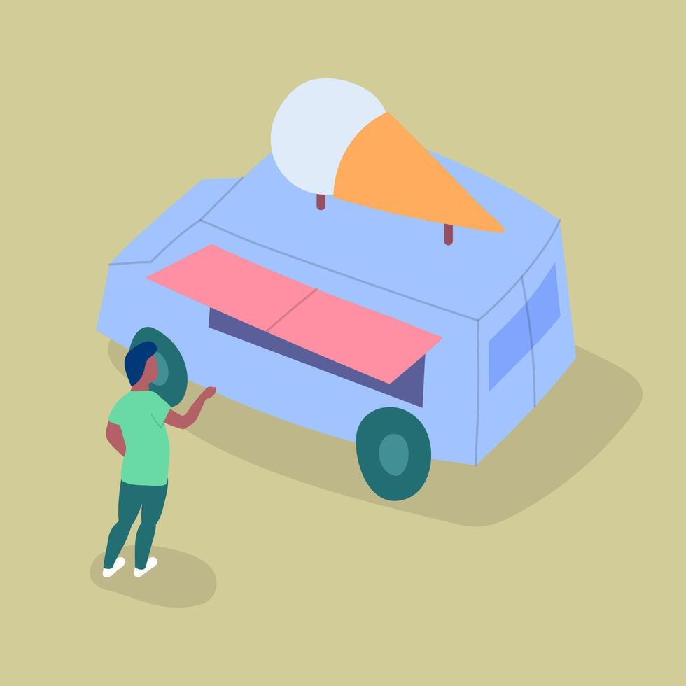 Cartoon Color Character Man and Ice Cream Street Food Caravan Trailer Concept. vector