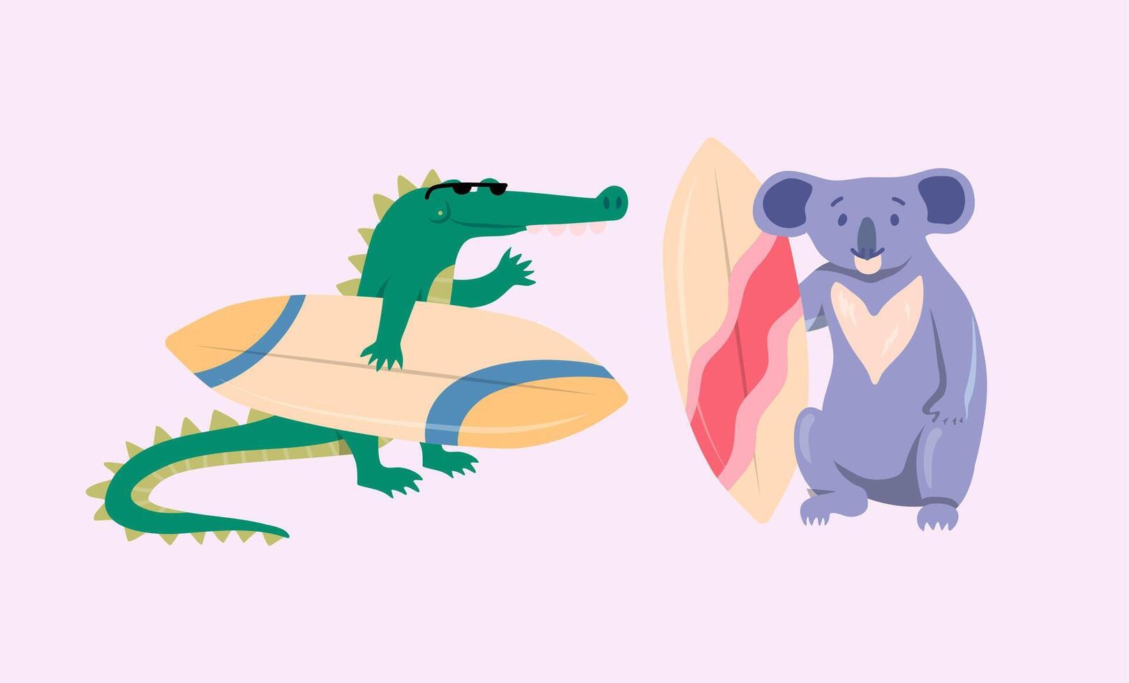 Cartoon Color Characters Animal Crocodile and Koala Surfers Set. vector