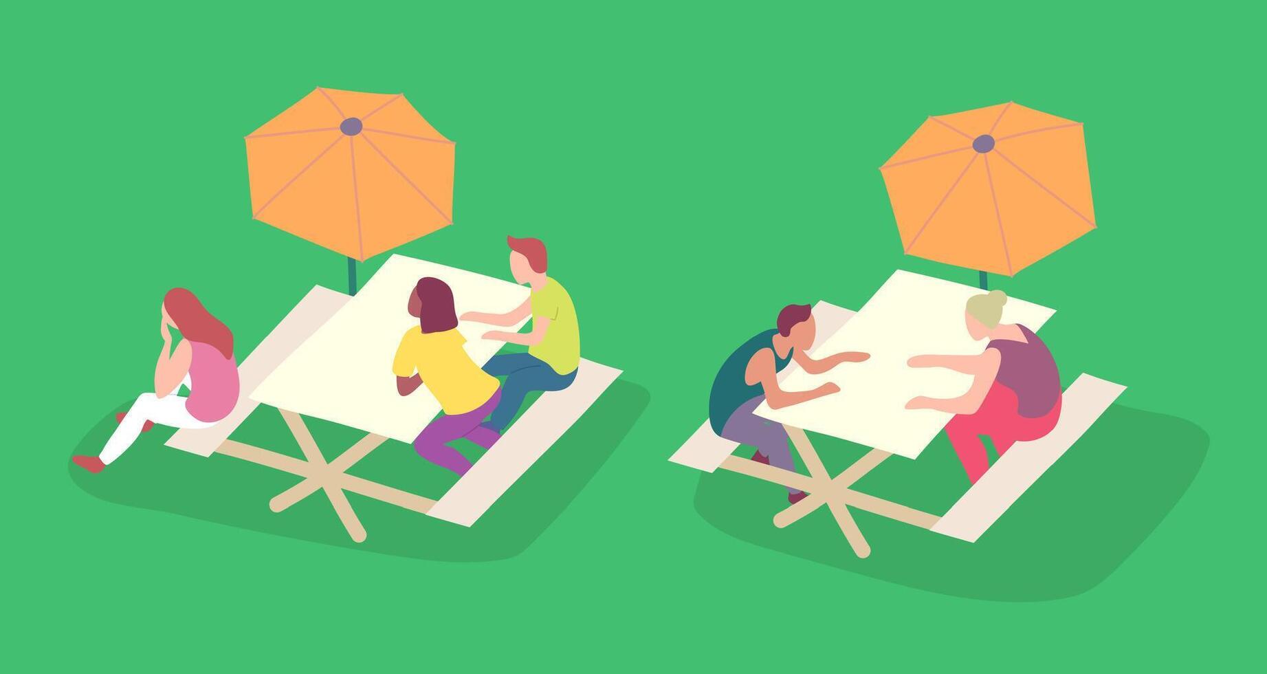 Cartoon Color Characters People at Table Picnic Concept. vector