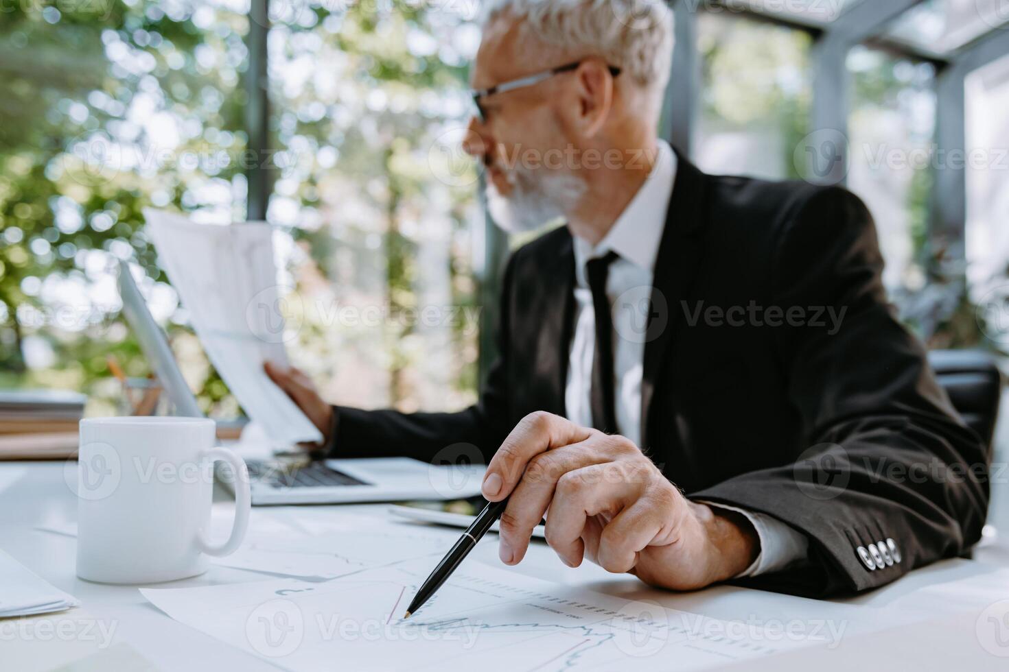 Confident mature businessman pointing paper with pen while analyzing graphs and charts in the office photo