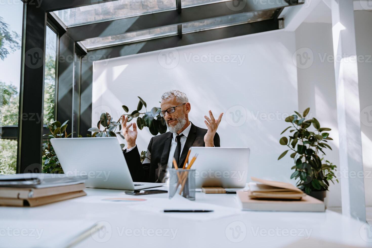 Confident mature businessman using computer while having web conference from modern office photo