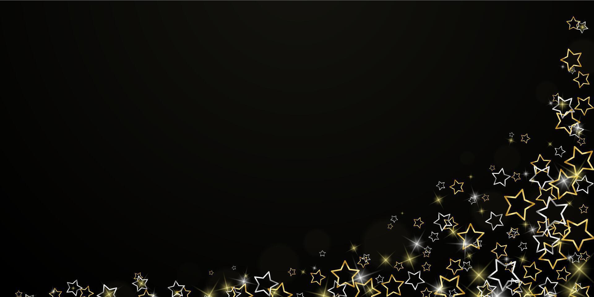 Golden and silver bright stars confetti on dark festive background. vector