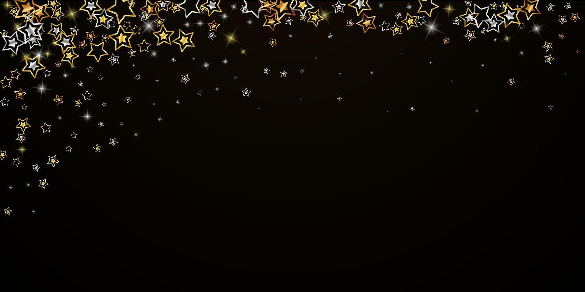 Falling gold and silver bright stars confetti on dark Christmas background. vector