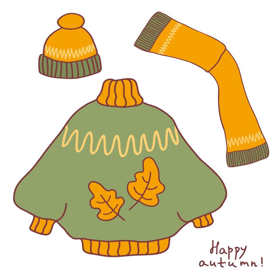 Cozy autumn clothing design featuring a warm sweater, scarf, and hat adorned with leaves in cheerful colors vector
