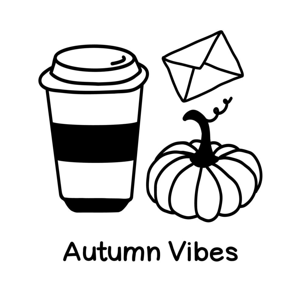 Autumn vibes artwork featuring a coffee cup, pumpkin, and an envelope, perfect for seasonal decor or greeting cards vector