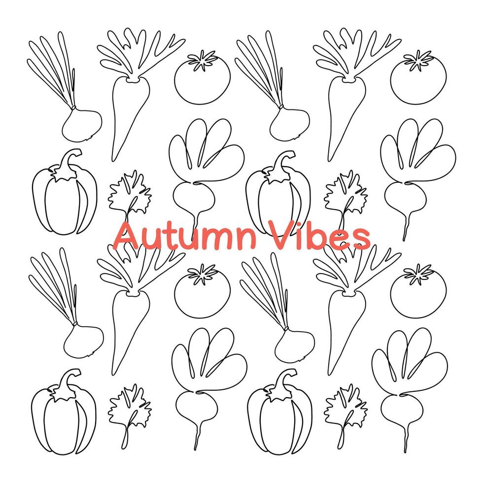 Colorful illustration of autumn fruits and vegetables in a repeating pattern showcasing carrots, tomatoes, and peppers vector