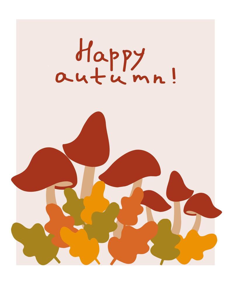 Celebrating the vibrant colors of autumn with cheerful mushrooms and leaves in a seasonal greeting vector