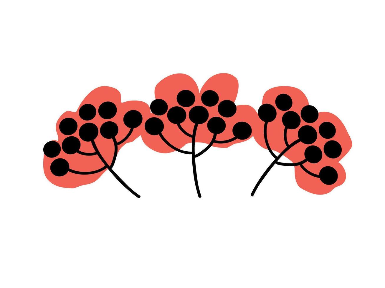 Stylized illustration of three clusters of red flowers with black centers on a white background vector