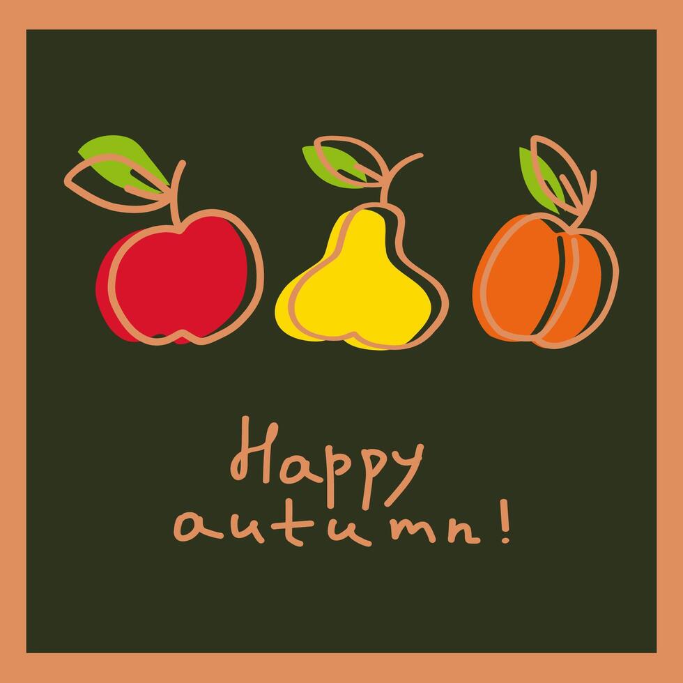 Three colorful fruits celebrating autumn with a cheerful message, featuring an apple, pear, and orange on a dark background vector