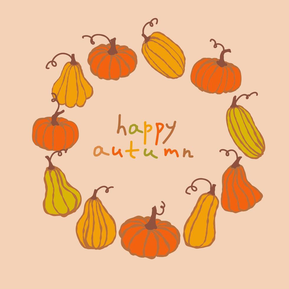 Colorful collection of pumpkins and gourds arranged in a circular pattern celebrating autumn aesthetics vector